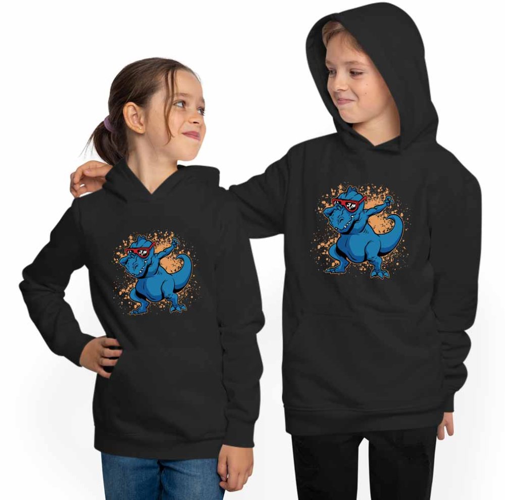 Hoodie Hooded Sweatshirt Kids - T-Rex with glasses dancing dab i49